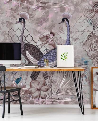 purple brown vintage background with blue cranes wallpaper