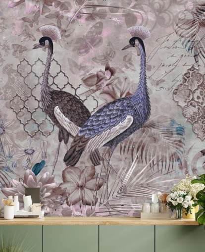 fondo vintage marrón púrpura con papel pintado grullas azules