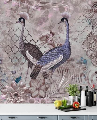 purple brown vintage background with blue cranes wallpaper