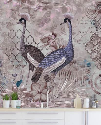 purple brown vintage background with blue cranes wallpaper