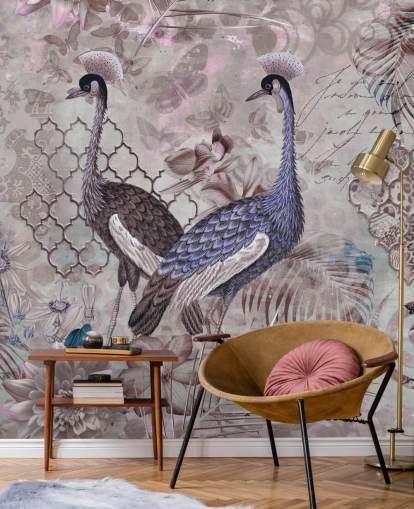 fond vintage brun violet avec papier peint grues bleues