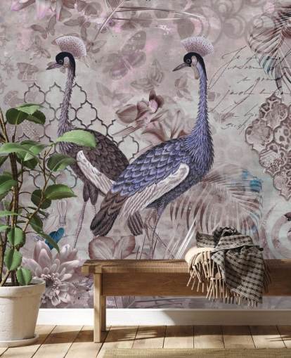 paarse bruine vintage achtergrond met blauwe kranen behang