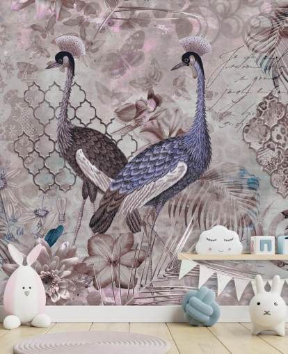 fundo vintage marrom roxo com papel de parede guindastes azuis