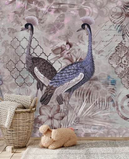 fond vintage brun violet avec papier peint grues bleues