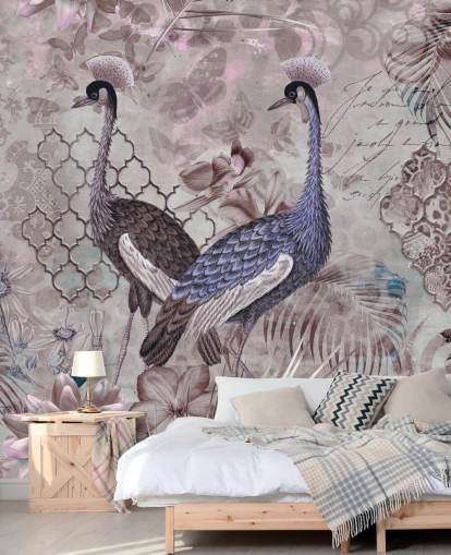 purple brown vintage background with blue cranes wallpaper