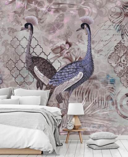 fundo vintage marrom roxo com papel de parede guindastes azuis