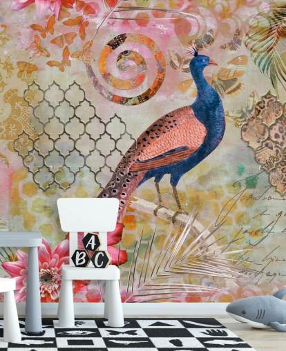 papel pintado pavo real azul y rosa