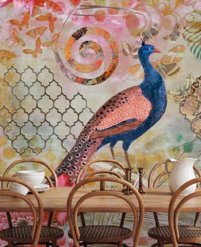 papel pintado pavo real azul y rosa