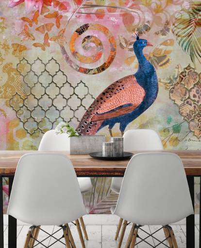 papel pintado pavo real azul y rosa