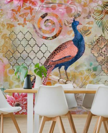 papel de parede pavão azul e rosa