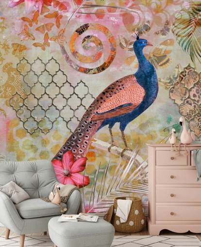 blue and pink peacock wallpaper