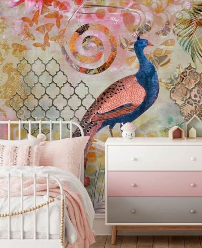 papier peint paon bleu et rose