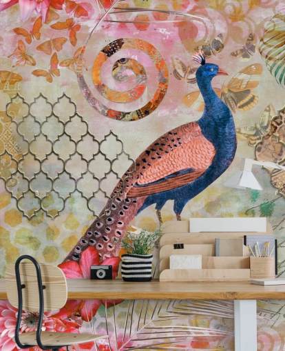 papel pintado pavo real azul y rosa papel pintado pavo real azul y rosa