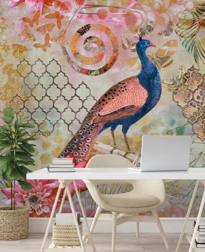 papel de parede pavão azul e rosa