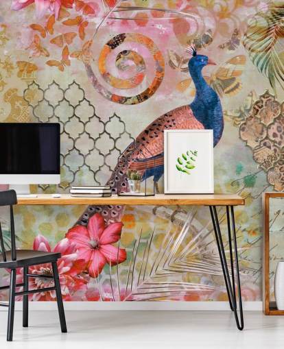 carta da parati blu e rosa pavone