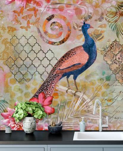 papel pintado pavo real azul y rosa