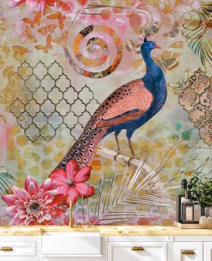 papel pintado pavo real azul y rosa