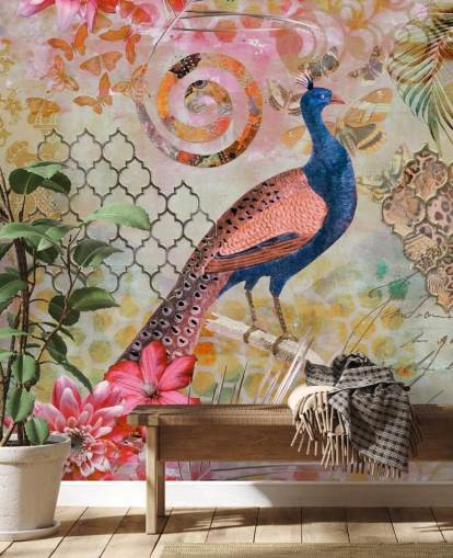 papel pintado pavo real azul y rosa