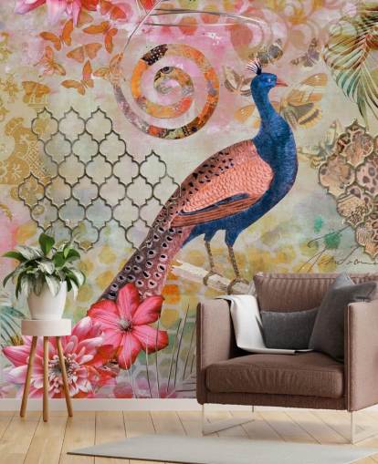 papel pintado pavo real azul y rosa papel pintado pavo real azul y rosa