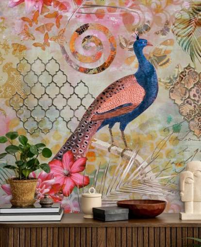 papel pintado pavo real azul y rosa