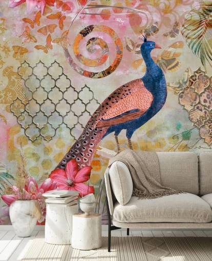 papel pintado pavo real azul y rosa