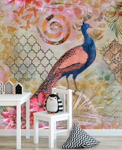 blauw en roze pauwbehang