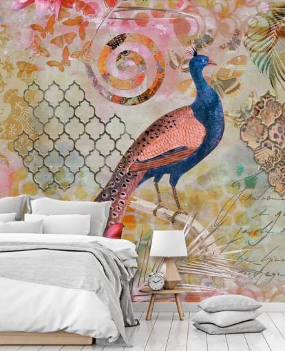 papel de parede pavão azul e rosa