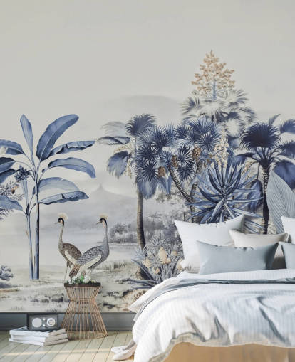 selva azul com pássaros papel de parede