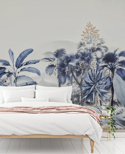 papier peint jungle bleue avec des oiseaux