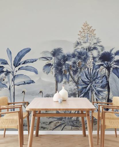 blauwe jungle met vogelbehang