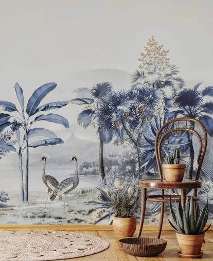 blauwe jungle met vogelbehang