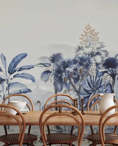 papier peint jungle bleue avec des oiseaux