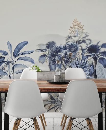 papier peint jungle bleue avec des oiseaux