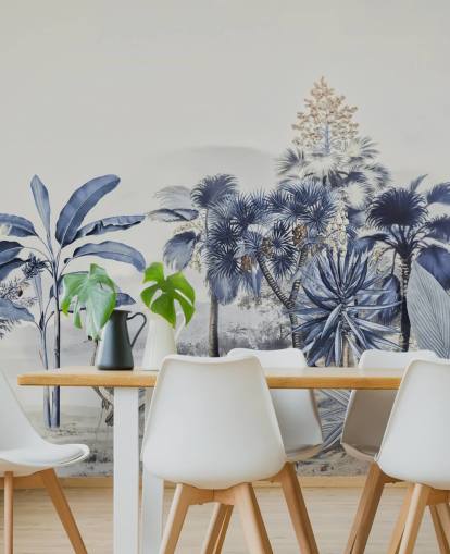 papier peint jungle bleue avec des oiseaux