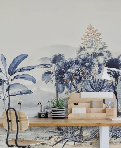 Papel pintado selva azul con pájaros