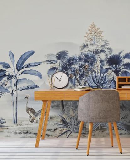 blue jungle with birds wallpaper