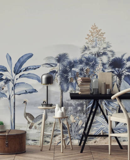 papier peint jungle bleue avec des oiseaux papier peint jungle bleue avec des oiseaux