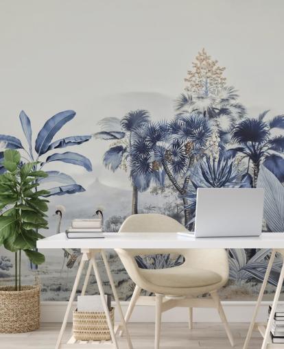 blue jungle with birds wallpaper