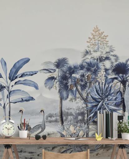 papier peint jungle bleue avec des oiseaux