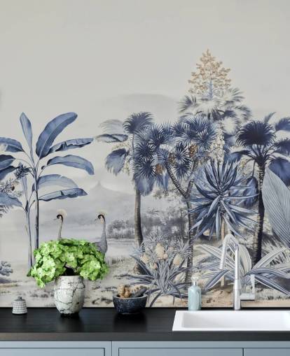 Papel pintado selva azul con pájaros