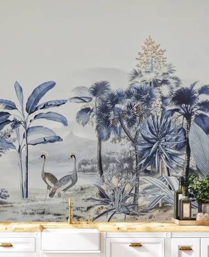 Papel pintado selva azul con pájaros