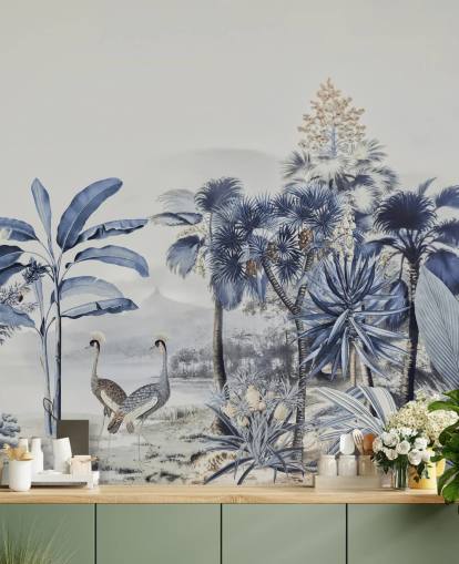 papier peint jungle bleue avec des oiseaux