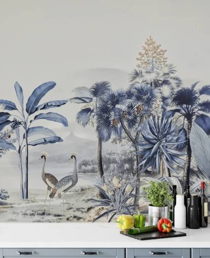 blue jungle with birds wallpaper