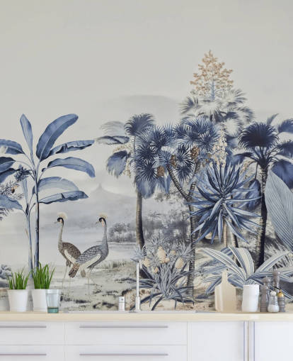 Papel pintado selva azul con pájaros