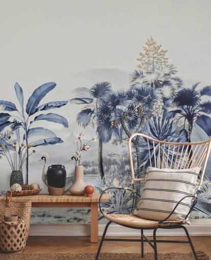 Papel pintado selva azul con pájaros