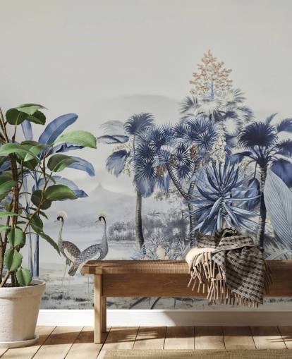 selva azul com pássaros papel de parede