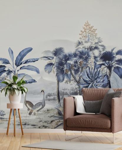 blue jungle with birds wallpaper