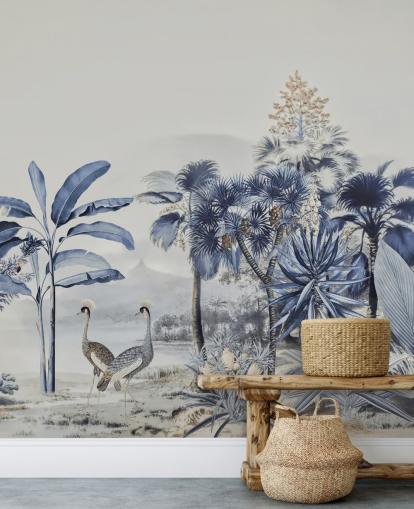 papier peint jungle bleue avec des oiseaux