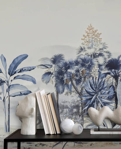 Papel pintado selva azul con pájaros