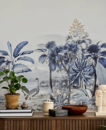 selva azul com pássaros papel de parede